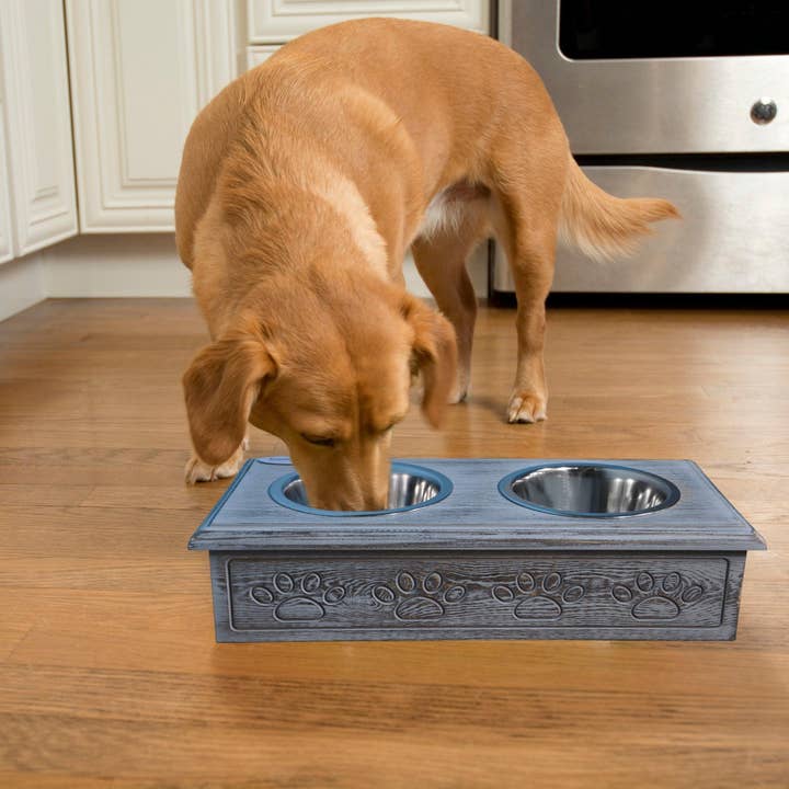 Sassy Paws Wooden Pet Double Diner with Stainless Steel Bowls for wholesale by Iconic Pet