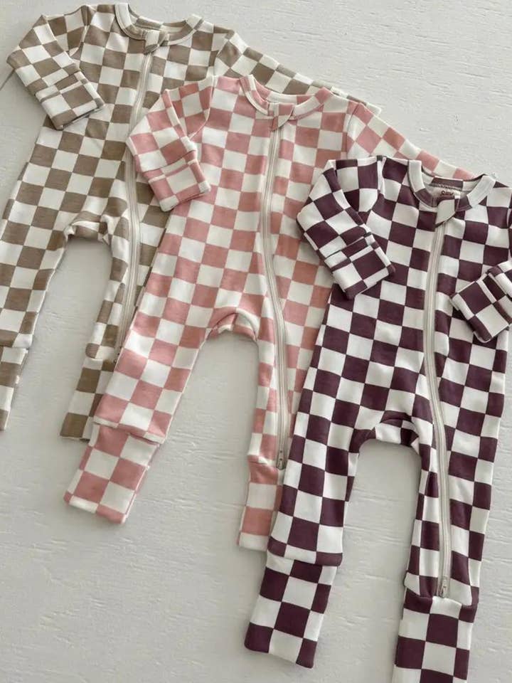 SIIX Collection - Wholesale Jumpsuit - Baby - Berry Cheesecake Checkerboard / Organic 2-Way Zip Romper