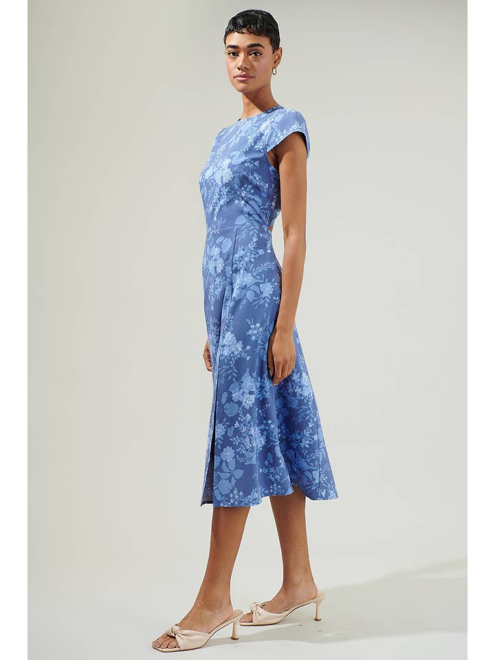TONAL BLUE MULTI Borage Floral Everbloom Cutout Midi Dress for wholesale on Faire2