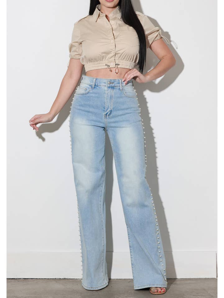 Light Stone Pearl Stud High Rise Wide Jeans for wholesale on Faire3