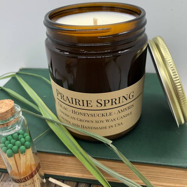 Prairie Spring Soy Candle | 9 oz Amber Apothecary Jar for wholesale by Prairie Fire Candles