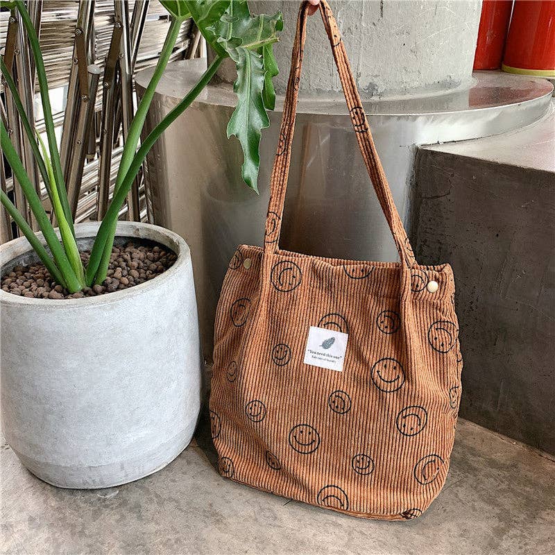 Funkyrel® Atzbranding Limited - Wholesale Tote Bag - Women's - Vintage Corduroy Smiley Face Shoulder Tote Bag1