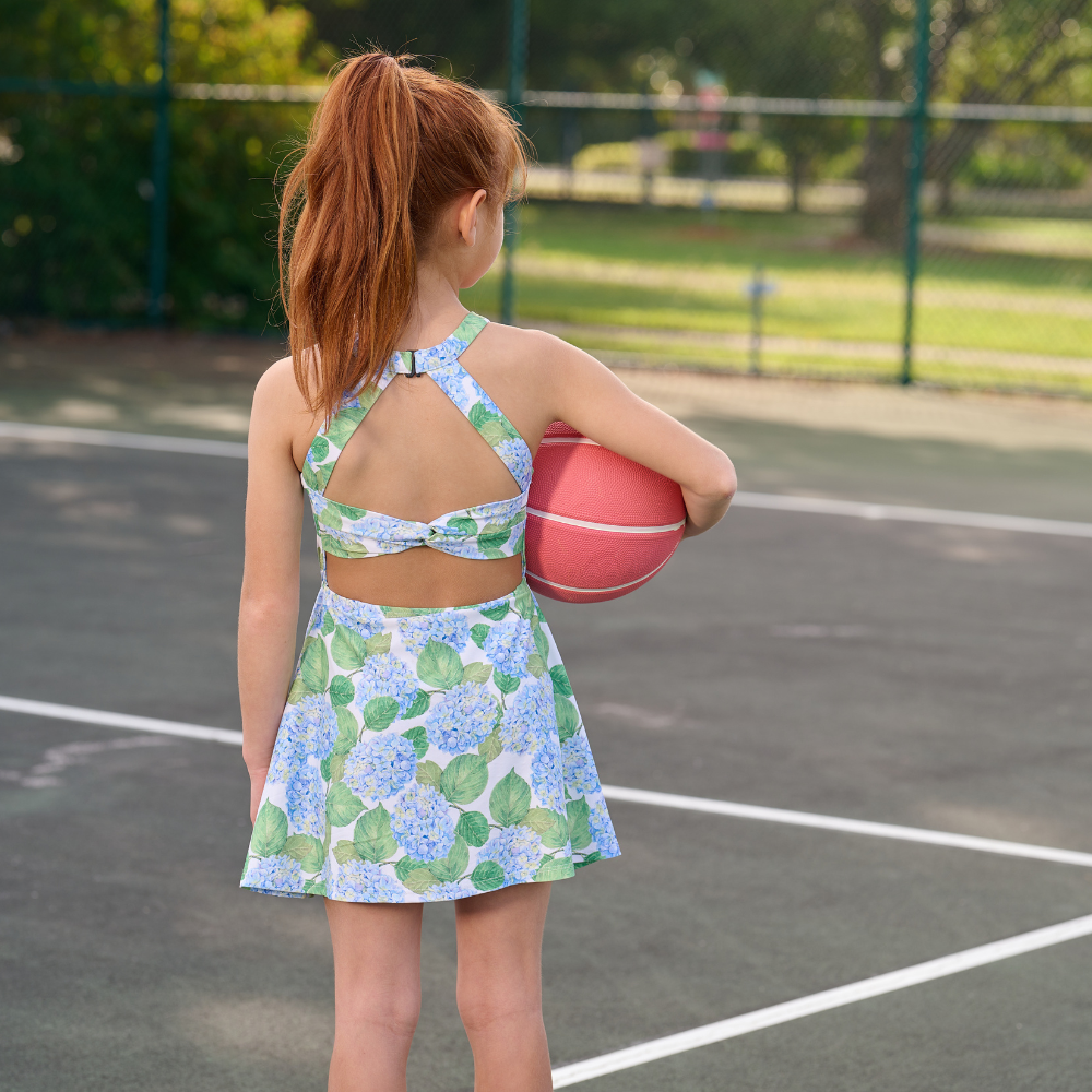 Sugar Bee Clothing - Wholesale Athletic Dress - Kids - Mini Dallas  Halter Tennis Dress - Blue Hydrangeas2