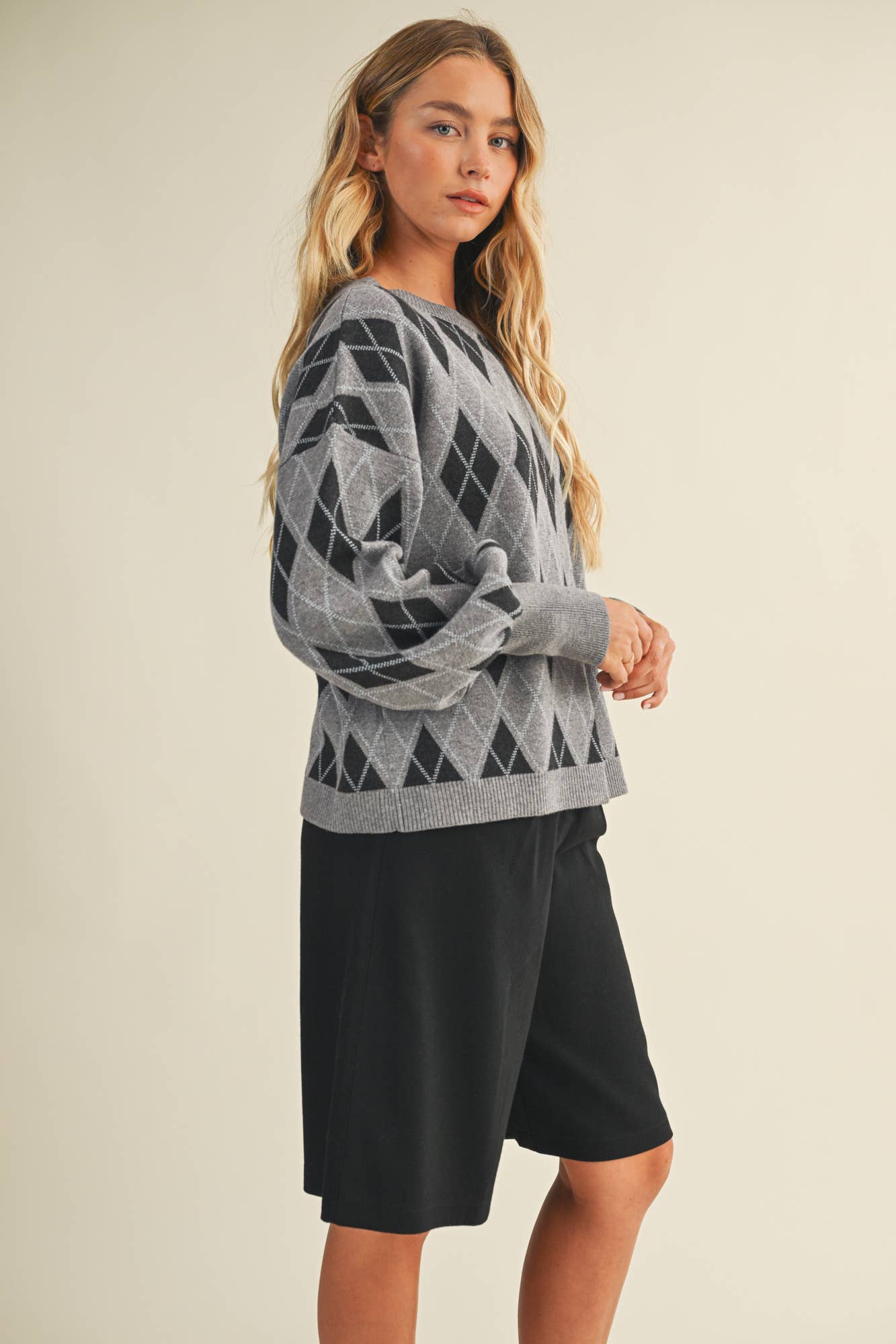 Mustard Seed - Wholesale Knit Sweater - Women's - ARGYLE PATTERN SWEATER TOP2