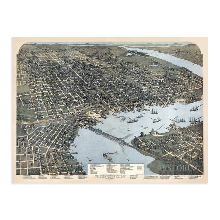 Historic Prints - Wholesale Map - 1893 Jacksonville Florida Map - Jacksonville Map Wall Art - Old Jacksonville FL Map - Bird's Eye View Vintage Map of Jacksonville Florida with Points of Interest