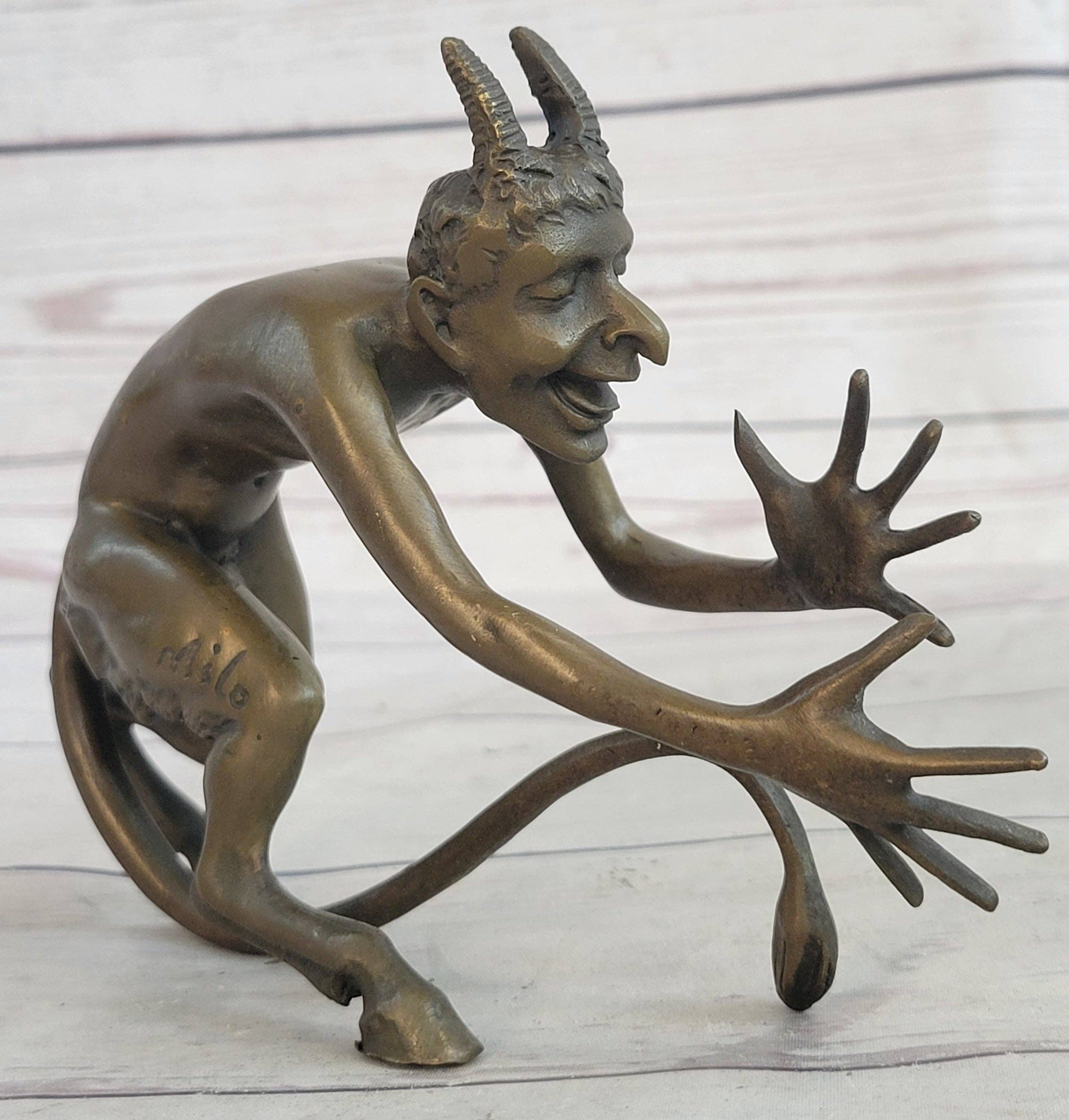 Bronzhaus - Wholesale Sculpture - Greek Satyr Chasing Nymph Bronze Figurine Sculpture Demon Horny Devil Satan 5" x 7"2