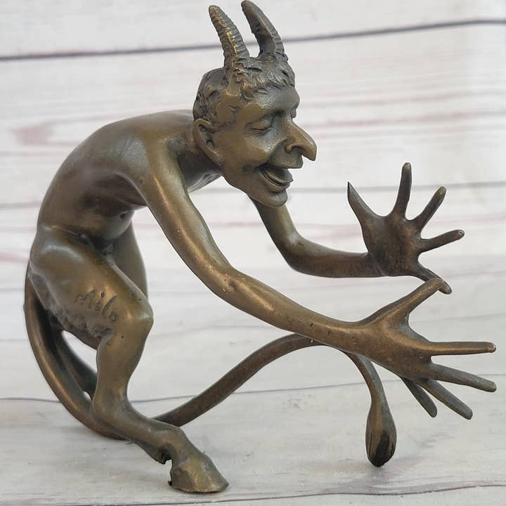 Bronzhaus - Wholesale Sculpture - Greek Satyr Chasing Nymph Bronze Figurine Sculpture Demon Horny Devil Satan 5" x 7"2