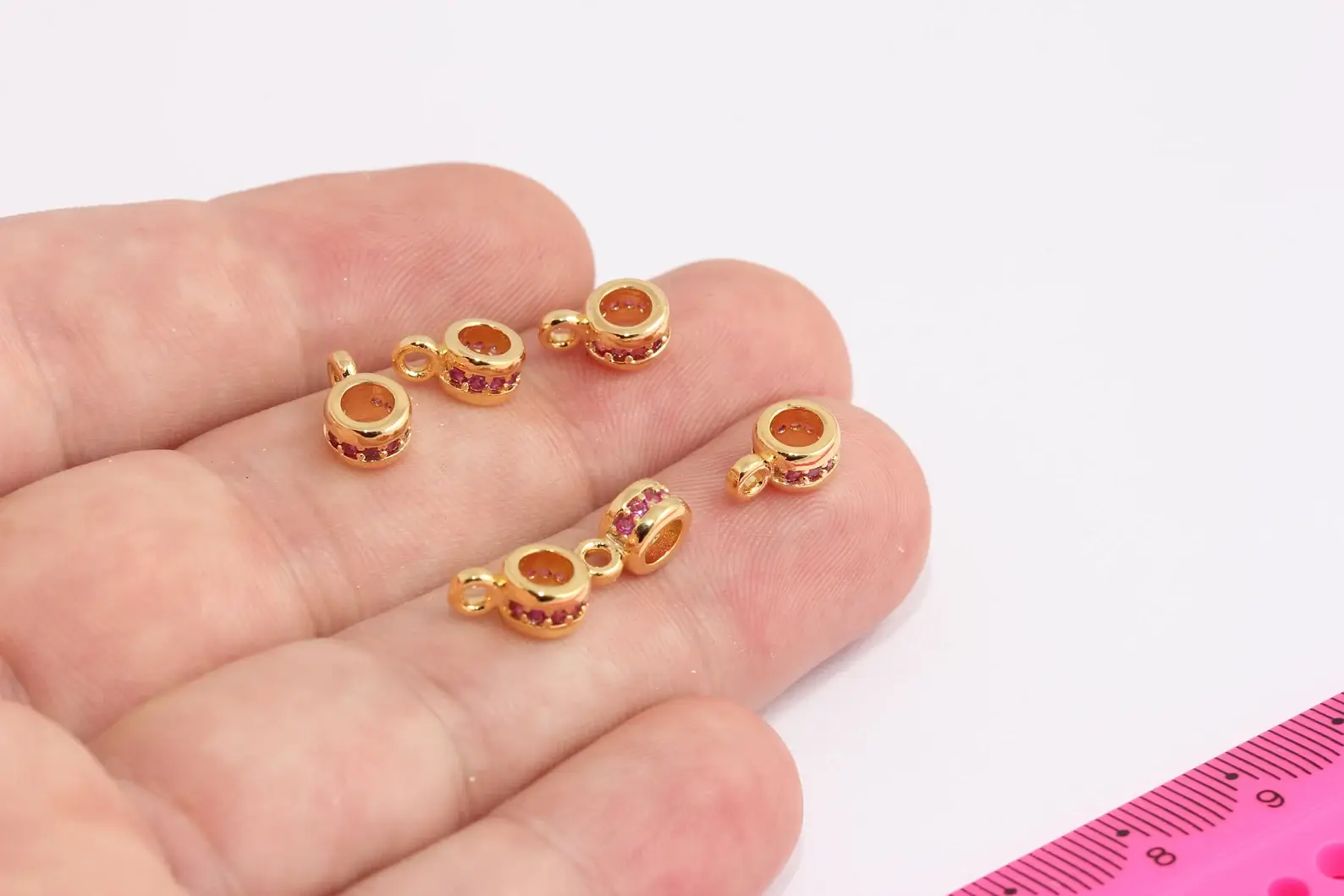 QueenJewelryM – wholesale Individual charm/pendant – 24k Shiny Gold CZ Micro Pave Wheel Beads With Loop, CHK337-30