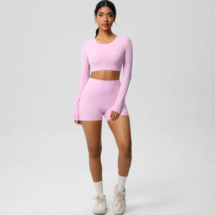 Sodalemon – Engroshandel Activewear-sæt – til kvinder – Kvinder Højtaljet Yogasæt: Langærmet Top + Shorts med Lommer2