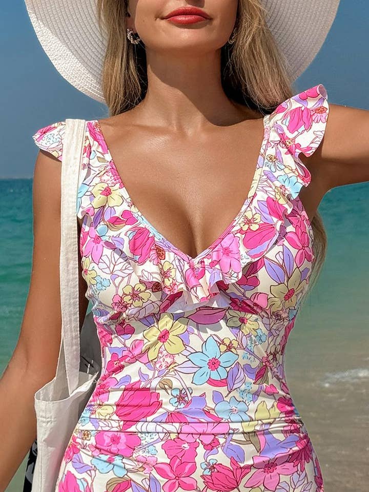 V Neck Lace-up Back Tummy Control One Piece Swimsuit for wholesale by FULL TIME PURCHASE