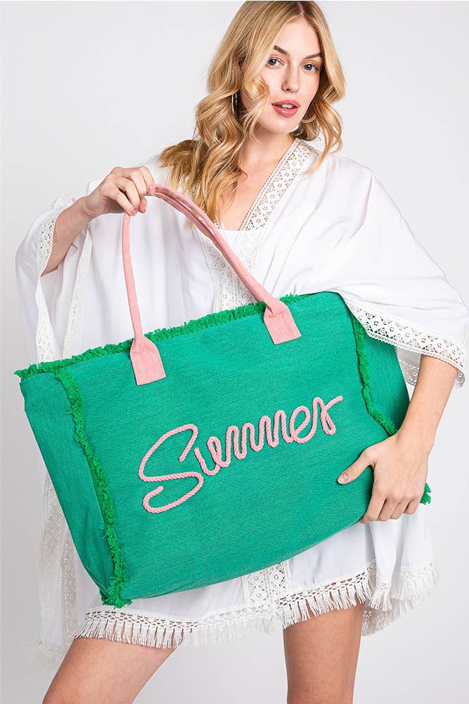 Hana – Saco de praia por atacado – Bolsa de lona amarela com franjas, corda costurada e palavra 'Summer'25