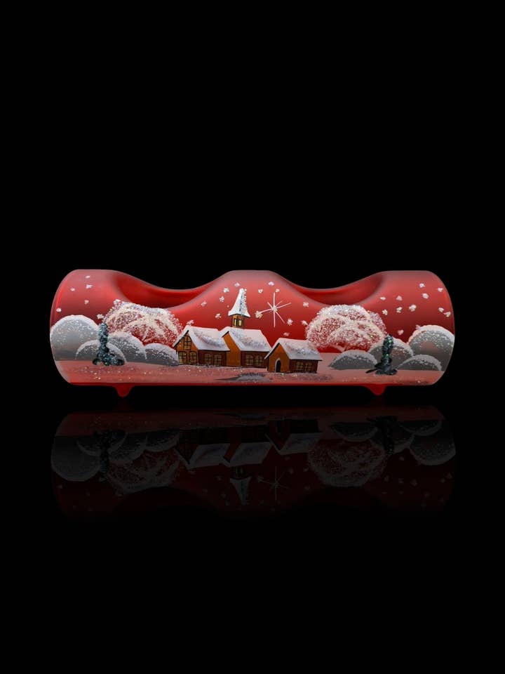 Red Candle Holder - Centerpiece Style - Double Candle Holder - Winter Wonderland - Hand Made - Log Style - Blown Glass - Brown Cottages for wholesale by Glass by Iness