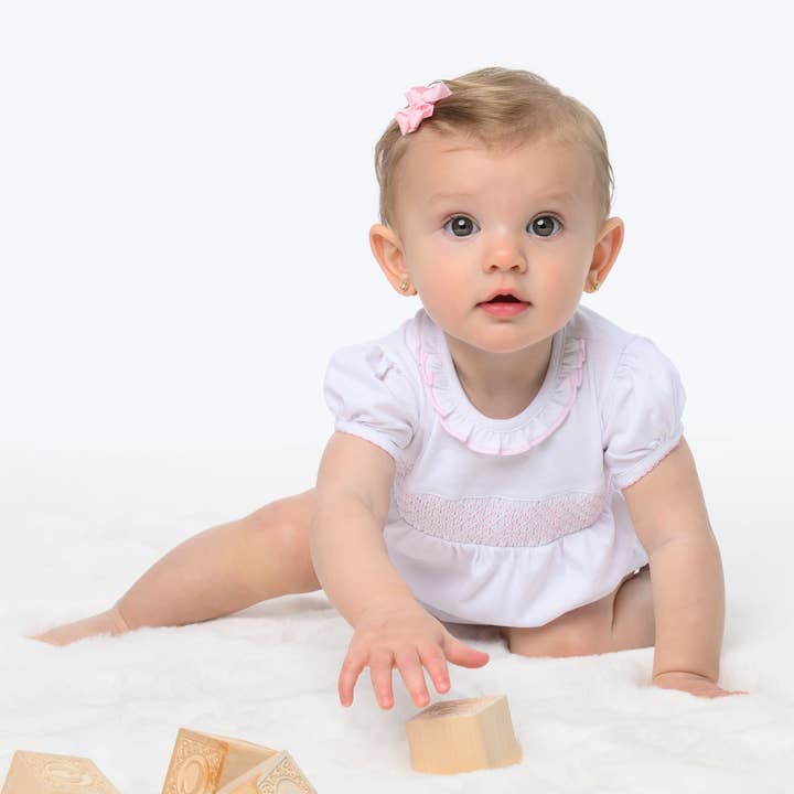 Magnolia Baby - Wholesale Bodysuit (Non-Footed) - Baby - Essentials Solid Smocked Bubble - White Pink
