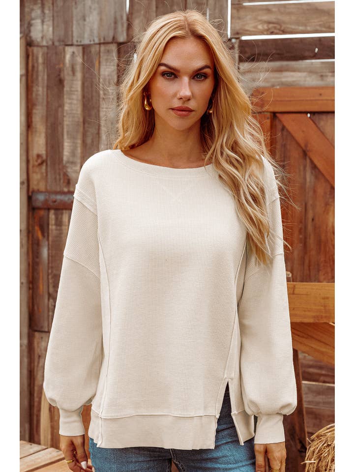 fashionworks - Wholesale Sweatshirt - Women's - Waffle Knit Bishop Sleeve Split Oversized Sweatshirt*S-2XL10