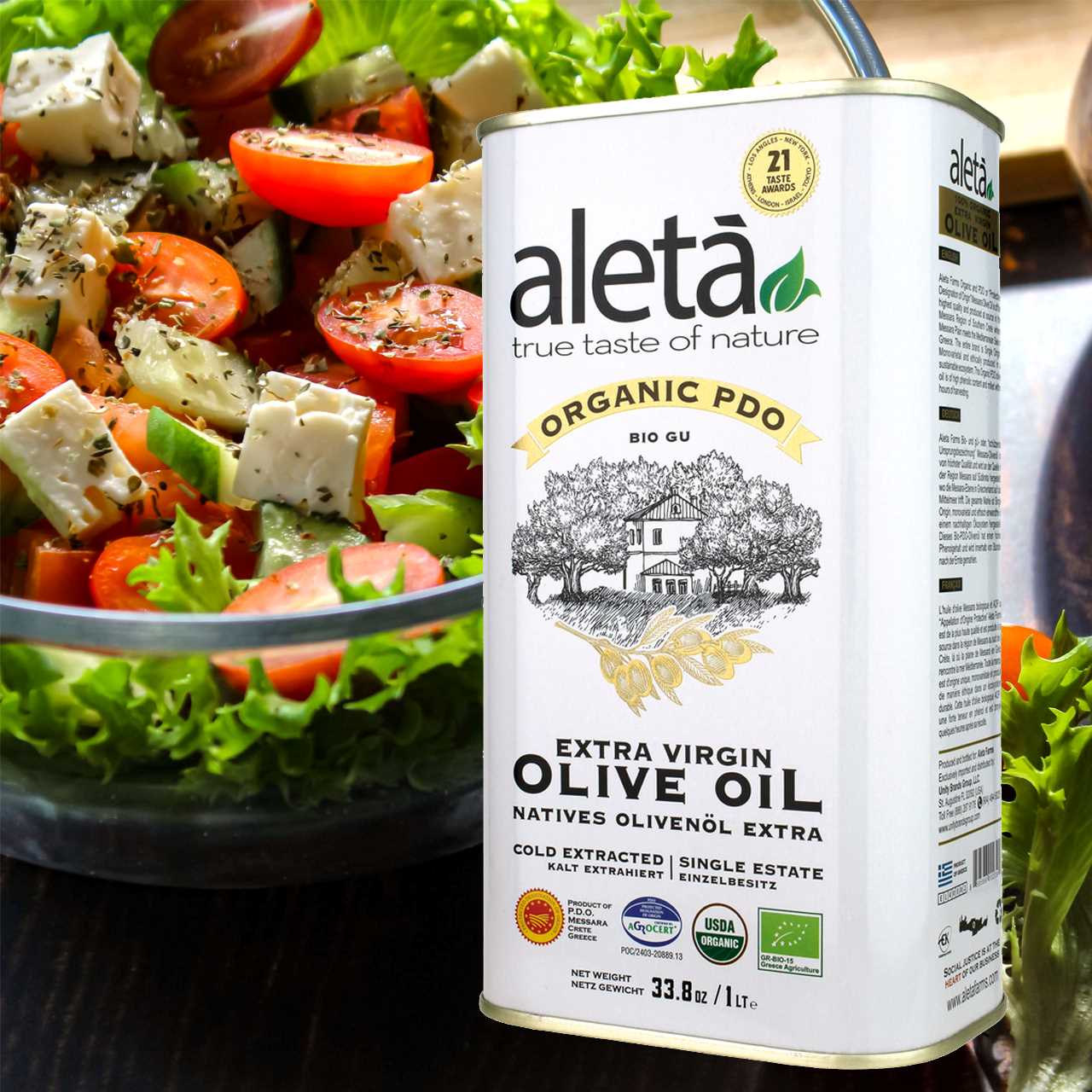 ELLORA FARMS - Wholesale Olive Oil - Aleta Organic Single Estate PDO Extra Virgin Olive Oil, 1 LT7