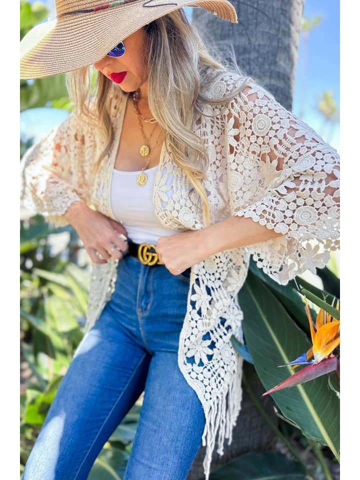 Ivory Floral Crochet 3/4 Sleeve With Tassel Kimono for wholesale on Faire