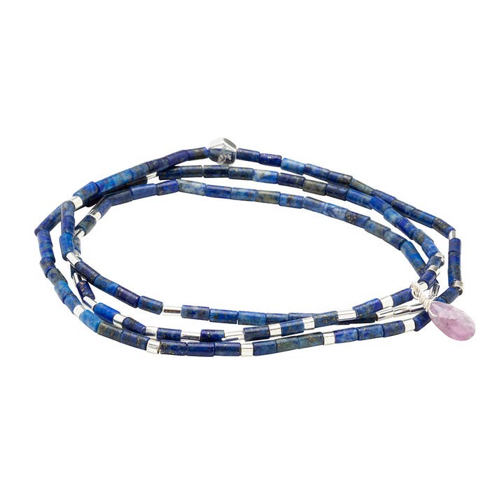 Scout Curated Wears - Wholesale Beaded Bracelet - Teardrop Stone Wrap Lapis/Amethyst/Silver - Stone of Clarity