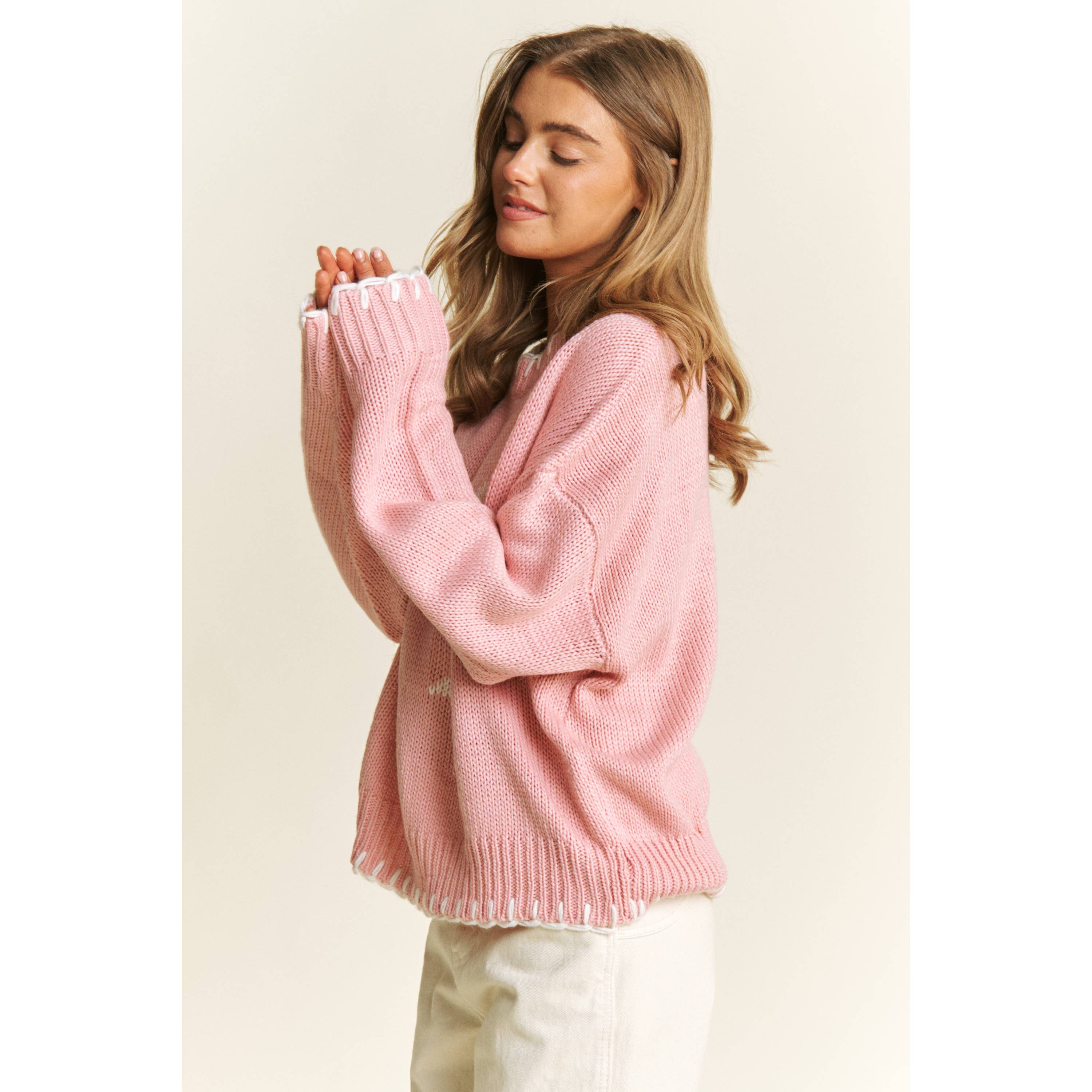 Sweet Generis - Vente Pull en maille – femme - Pull col rond de fête avec gros nœud et surpiqûres contrastées3