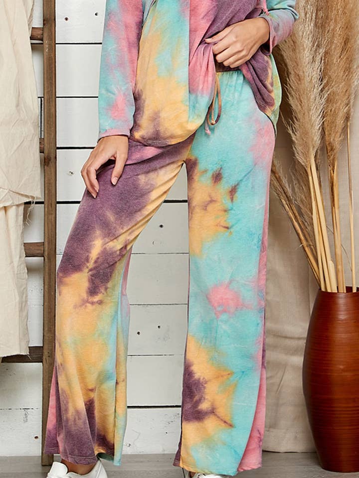 FUCHSIA COMBO SP21008 - WOMEN WIDE LEG TIE DYE POCKET BELL PANTS for wholesale on Faire8
