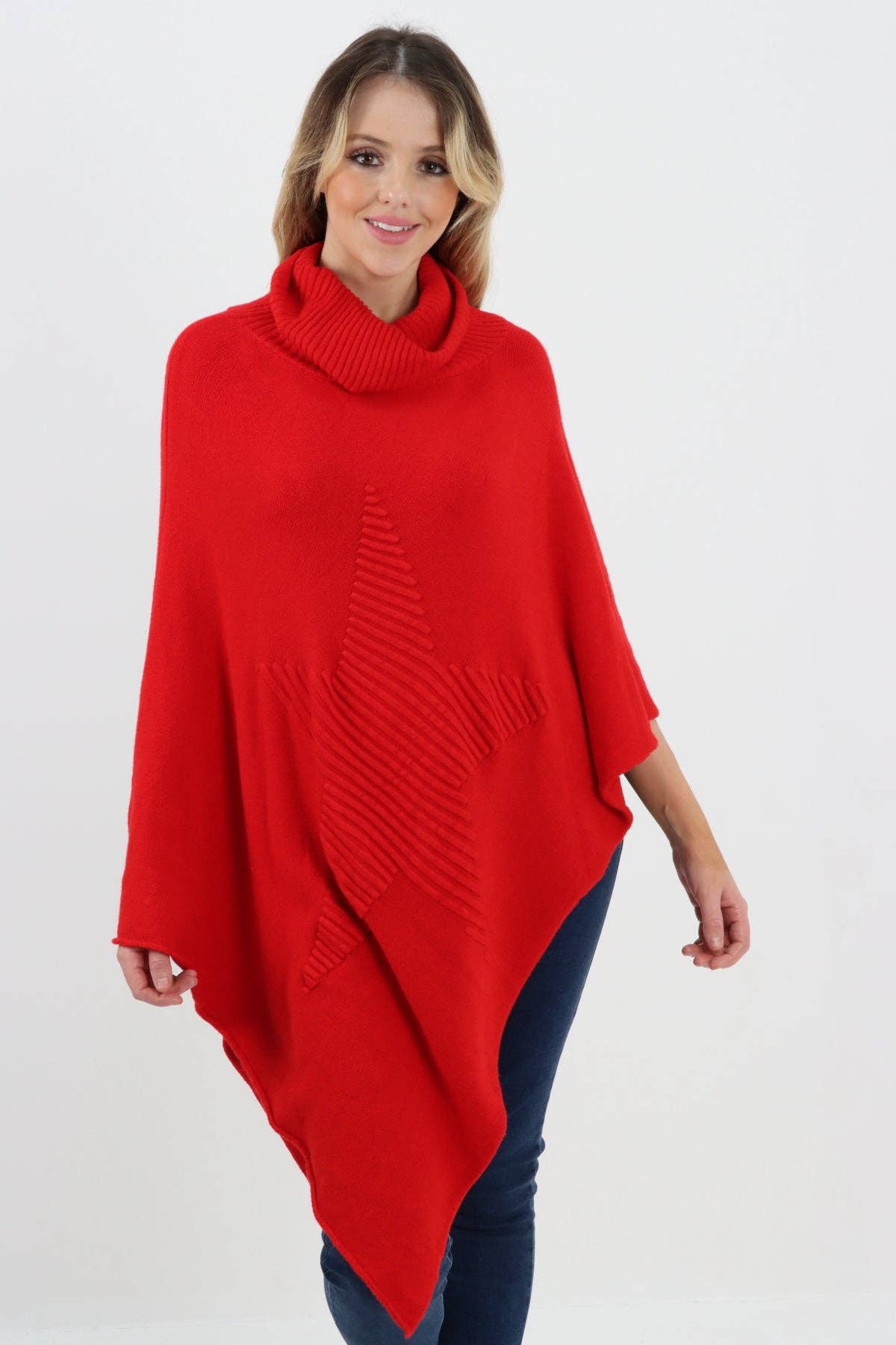 Miss Bold – Engroshandel Poncho - Dame – Italiensk strikket lagenlook poncho med stjernemønster og rullekrave38