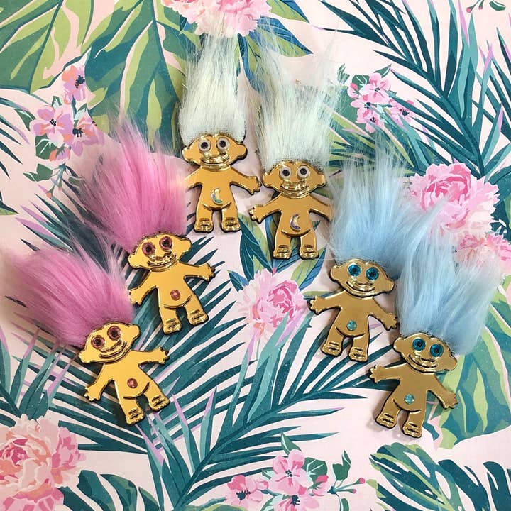 I'm Your Present - Wholesale Dangle Earrings - Furry Treasure Troll, Pink, White Or Blue, Acrylic Laser Cut Earrings, Plastic Jewelry