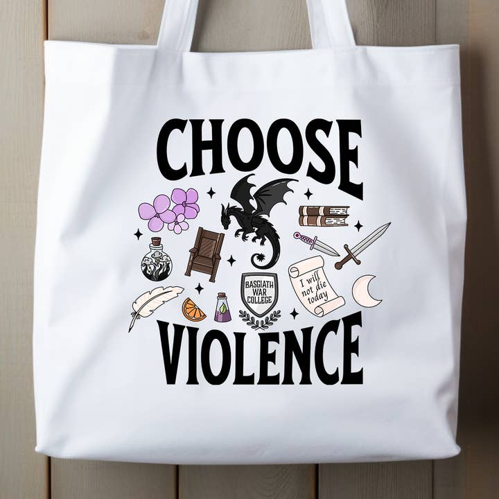 CHOOSE VIOLENCE Fourth Wing **THICK** 100% cotton book tote  for wholesale by Fabled Embers