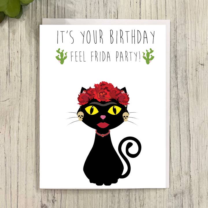 Frida Cat Party Birthday Card for wholesale by Great Odin's Hellos