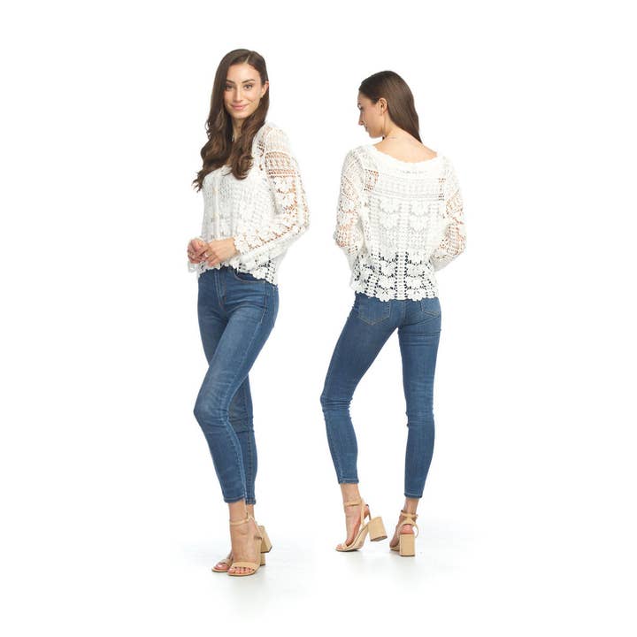 ST12310 WHITE Crochet Floral Cardigan for wholesale by Papillon