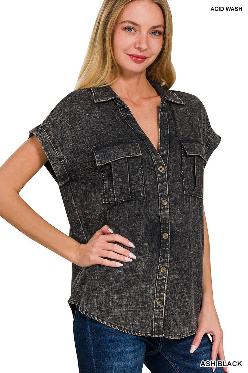 TIEFES KAMEL-167007 Geknöpfte Hemden mit Fledermausärmeln und gewaschenem Look für den Großhandel auf Faire1