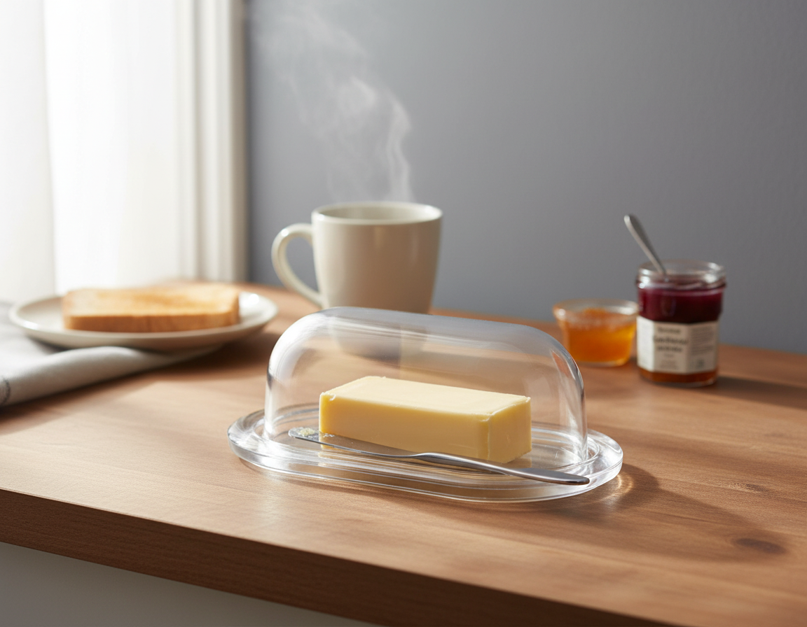 Kadra Kitchenware – Engroshandel Smørskål – Omada krystalhvid akryl smørskål med bakke og kuppel1