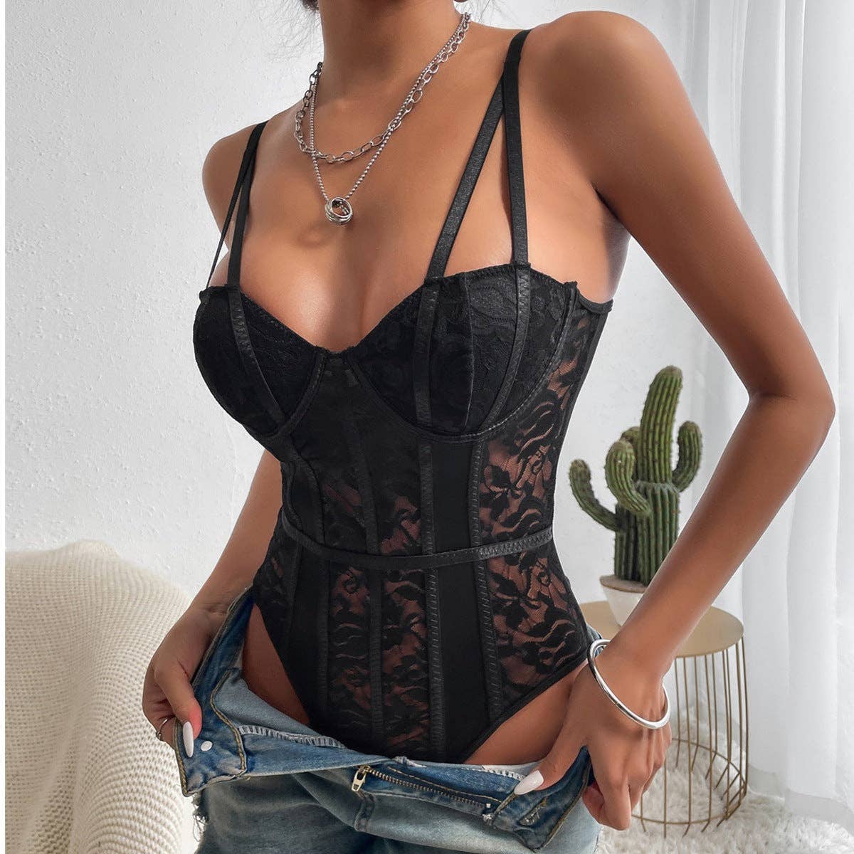 Sweetkama – Engroshandel Bodysuit undertøj - Dame – Bodysuit med blomsterblonder Gennemsigtig Teddy C80032