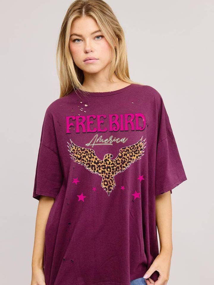 Leopard Free Bird America Graphic S/S Oversized Seamless Tee for wholesale by Foryeri
