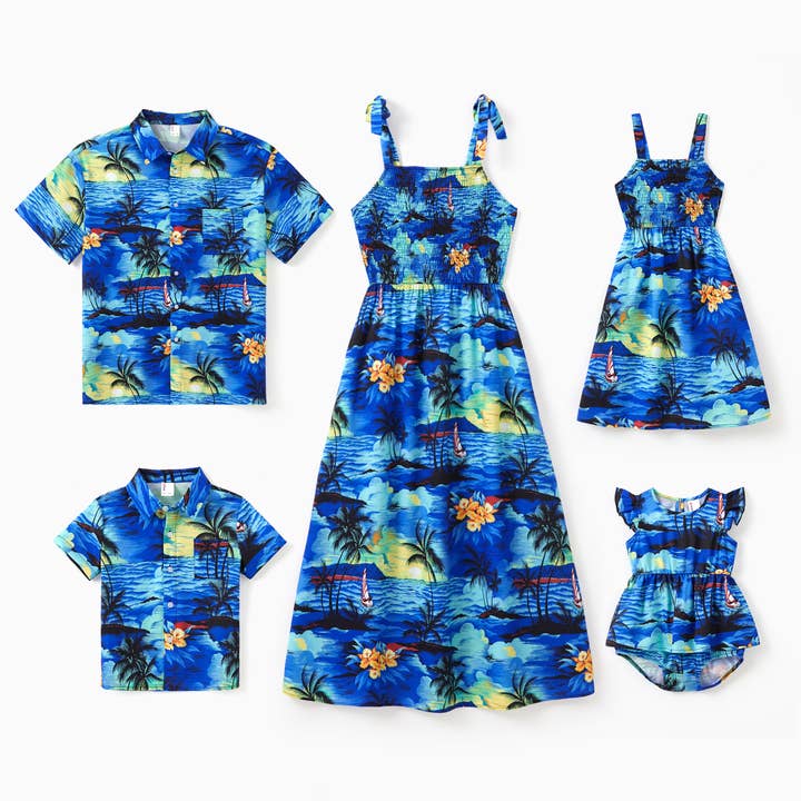 Blue Family Matching Hawaiian Outfits - Shirts, Dress or Romper for wholesale on Faire
