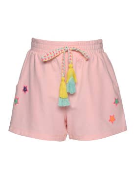 ROSE CLAIR SHORT AVEC PATCHS EN FORME D'ÉTOILE ET CRAVATE À POMPON en vente sur Faire1