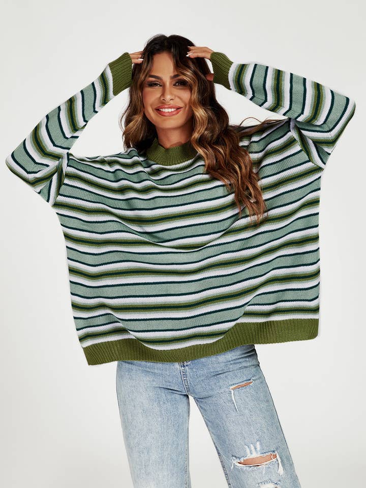 Randig Block Avslappnad Stickad Tröja i Grönt för wholesale av FS Collection (Germany)