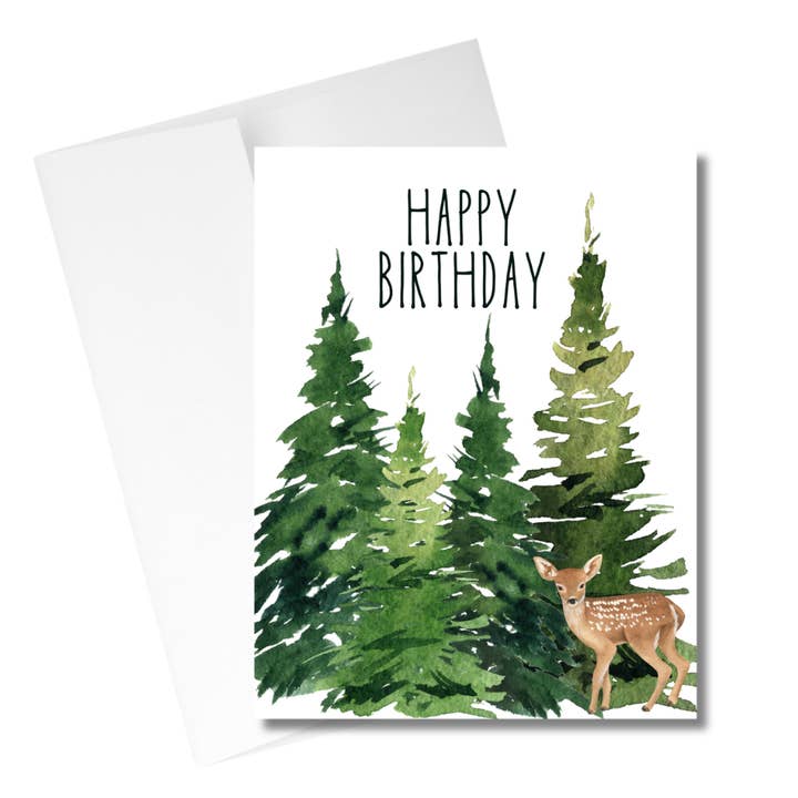 Carte d'anniversaire aquarelle - Arbres et cerf carte masculine pour la vente par Western Fancies