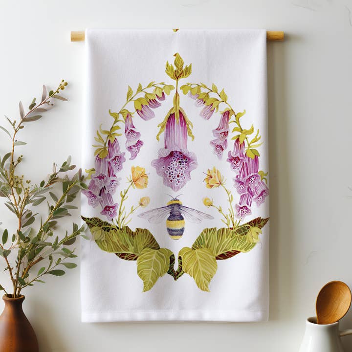 Sarah Rose - Wholesale Tea Towel - Foxglove and Bee Placement Organic Linen Tea Towel0