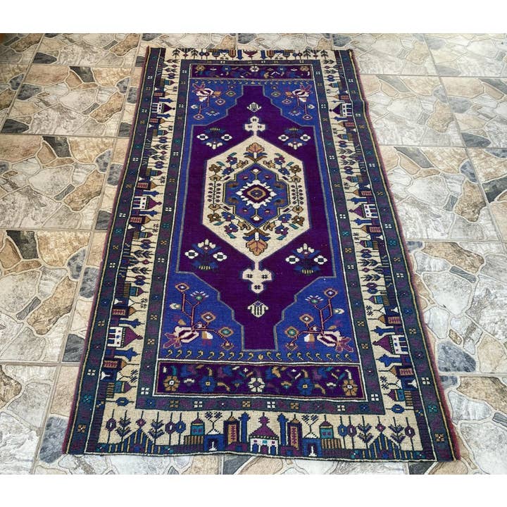 Geometrisk Ullmatta - Turkisk Vintage Blå 3x5,6 ft för wholesale av Oushak Rugs