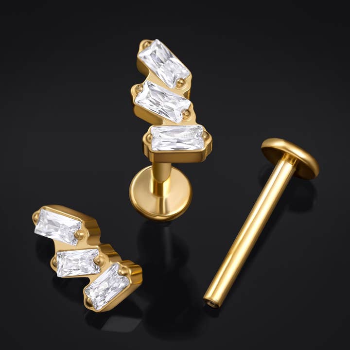 Titanium Internally Threaded Gold Triple Stacked Jewel Labret Stud 1.2mm Gauge for wholesale by Custom Plugs