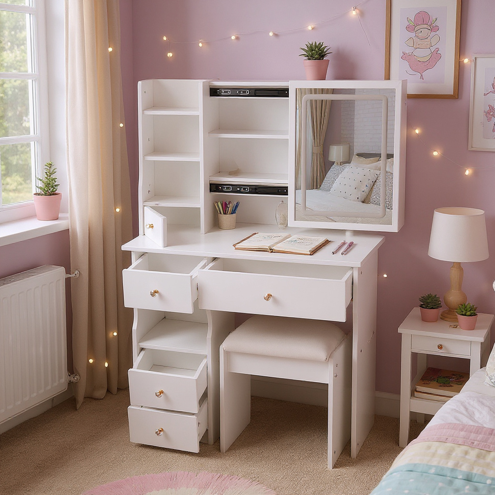 White Small Vanity Dressing Table with Padded Stool & Mirror Light for wholesale on Faire0