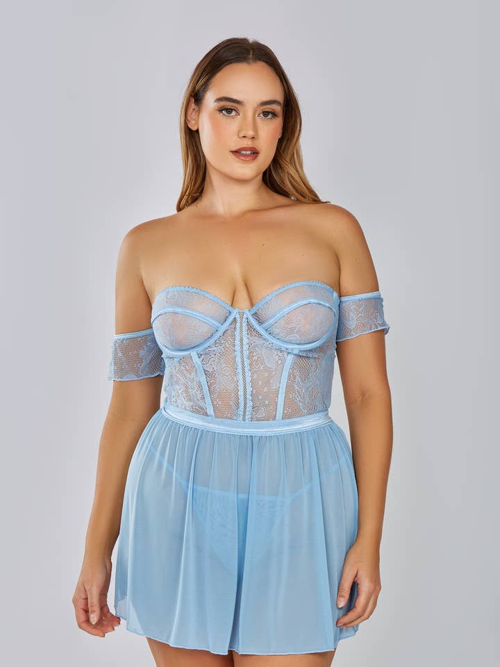 Ahtena Plus Size Algo Azul Renda Bandeau Babydoll por atacado de iCollection