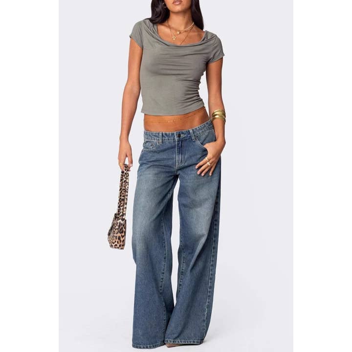 Navy Blue Loose Wide Leg Printed Denim Trousers for wholesale on Faire4