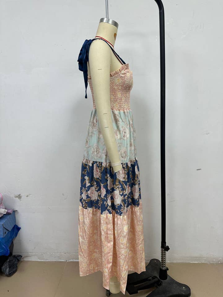 Rosa Clothing - Wholesale Dress - Women's - Gingham Floral patchwork playful bow strap tiered maxi dress8