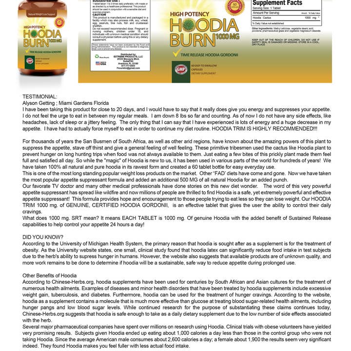 Totally Products - Vendita all'ingrosso Vitamine/integratori orali - Hoodia Burn ad alta potenza 1000 mg (60 compresse)2