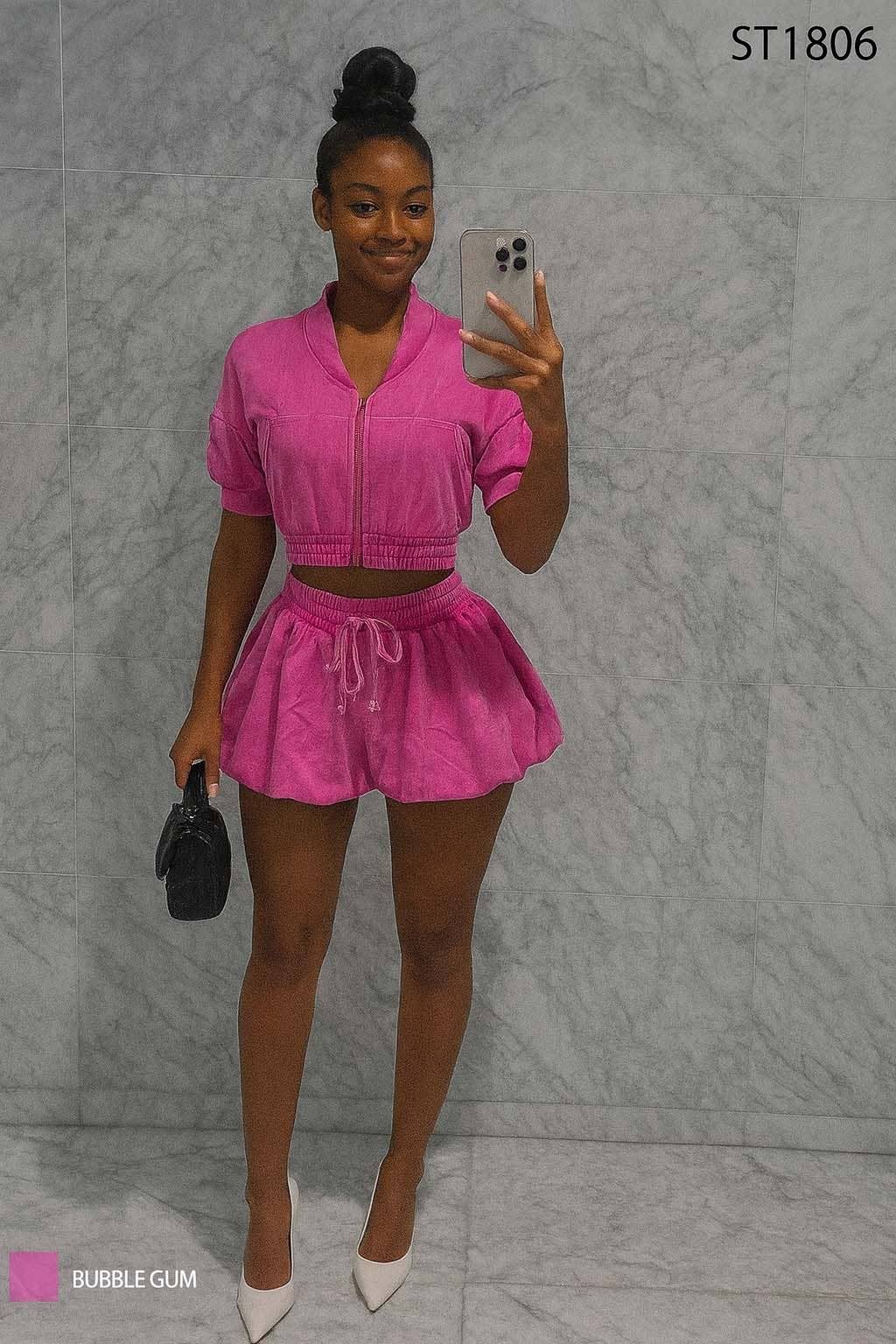 Dalia Studio – wholesale Top & skirt set – Women's – MINERAL WASH SHORT BOMBER & BUBBLE SKORT SET14