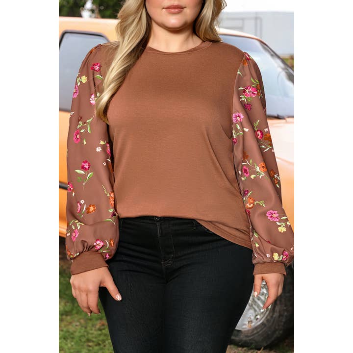 Fashion-W Floral Sleeve Patchwork Round Neck Plus Blouse for wholesale by fashionworks