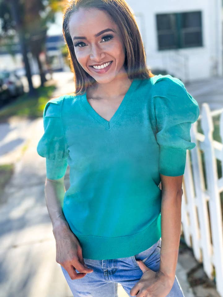 Var Djärv Solid Smaragd Rynkad Puffärm Tröja Topp (Öppen Förpackning) för wholesale av Promenade