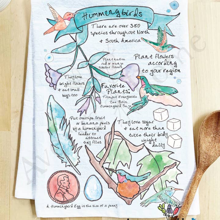 All about the Hummingbird a bird watcher gift Tea Towel for wholesale by Avery's Home