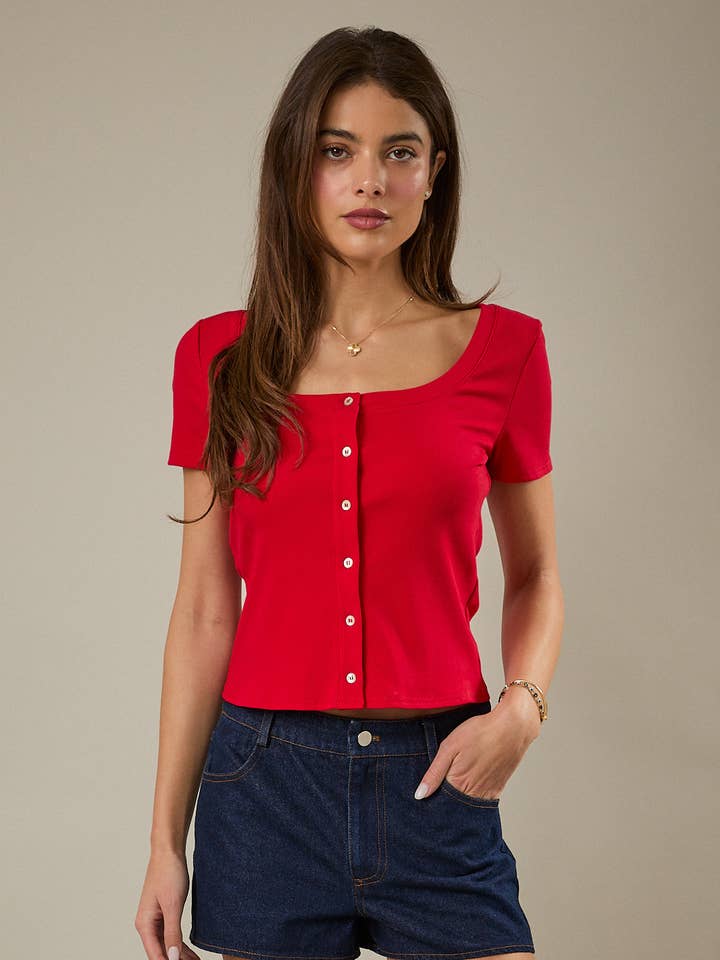 U NECK SHORT SLEEVE BUTTON DOWN RIBBED TOP for wholesale by Sunday Edition
