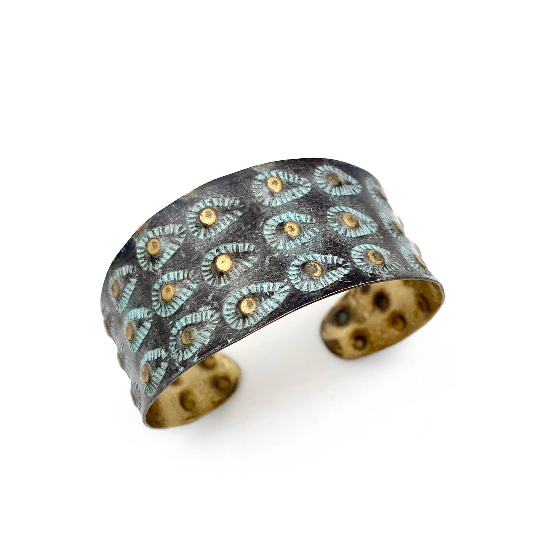 Anju Jewelry - Wholesale Cuff Bracelet - Brass Patina Bracelet - Aqua on Brown Teardrops and Dots